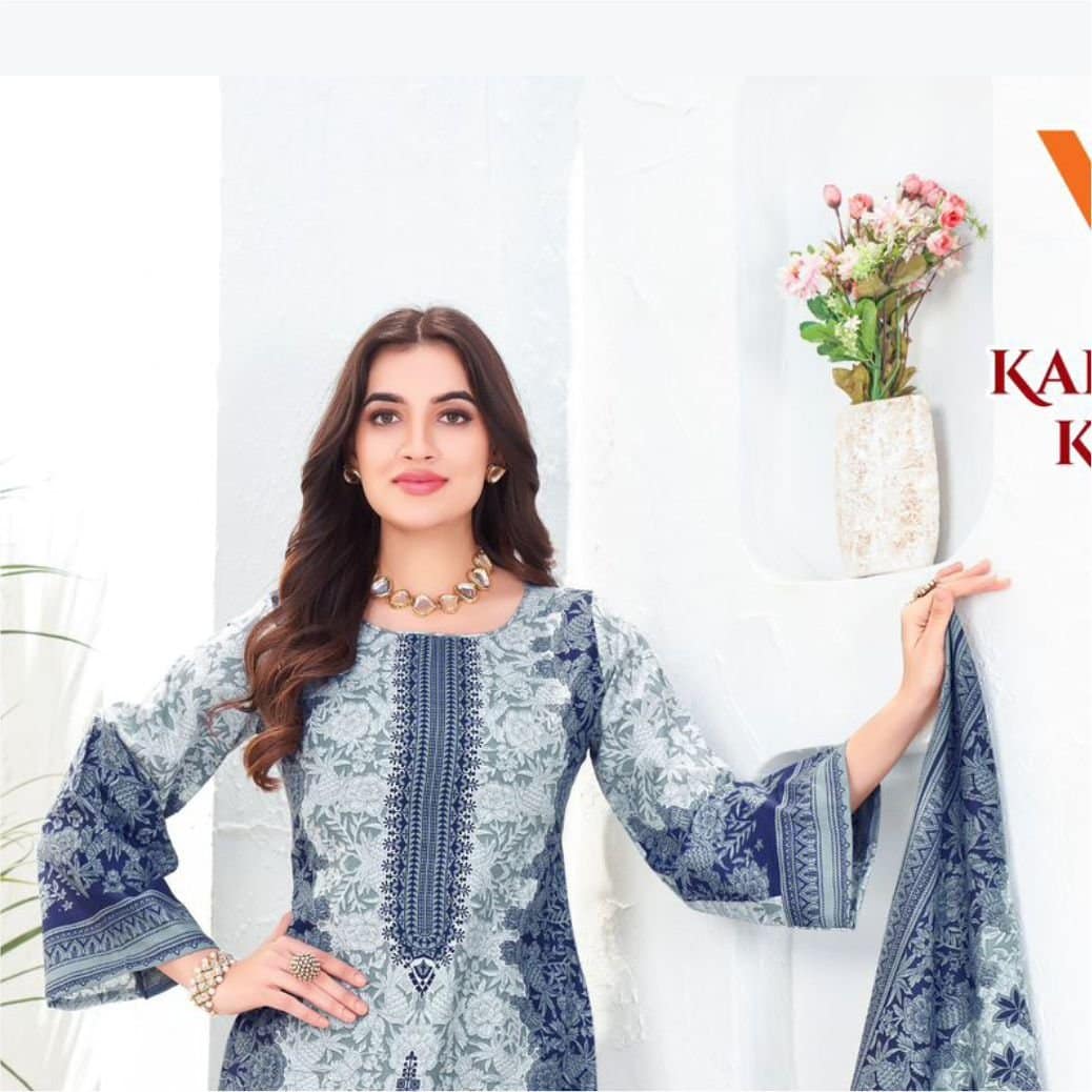 Light Grey Pakistani Print Cotton Salwar Suit Material | Unstitched Embroidered Dress Fabric with Printed Dupatta | Fabiha Fashion - Image 2