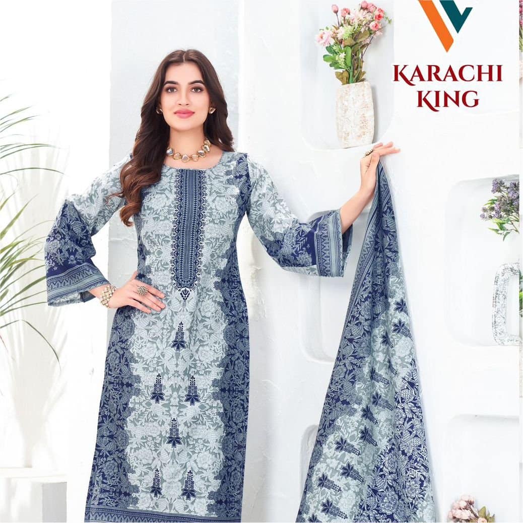 Light Grey Pakistani Print Cotton Salwar Suit Material | Unstitched Embroidered Dress Fabric with Printed Dupatta | Fabiha Fashion - Image 4