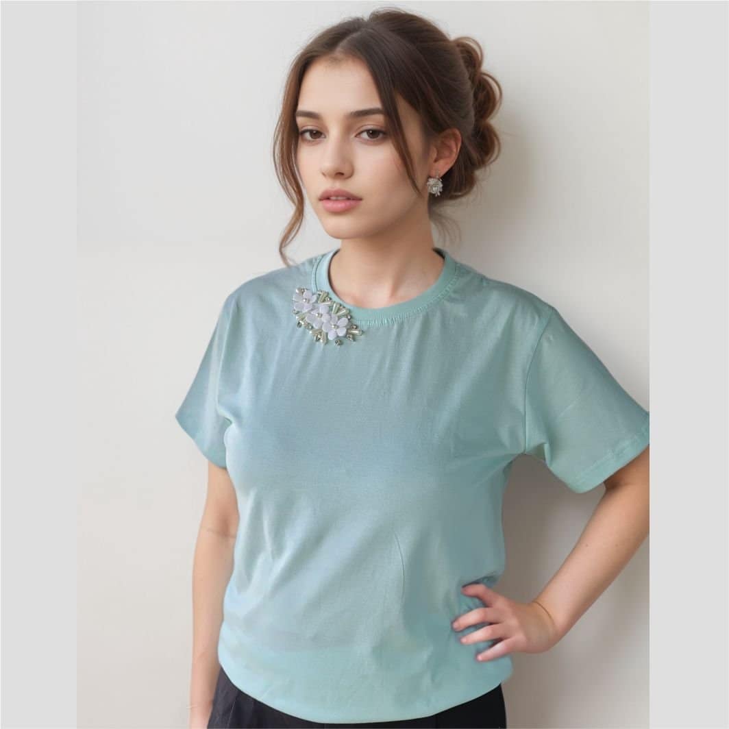 Amara Embellished Teal Cotton T-Shirt | Women’s Stylish Casual Top | Pure Comfort & Elegance | Pearl Collection