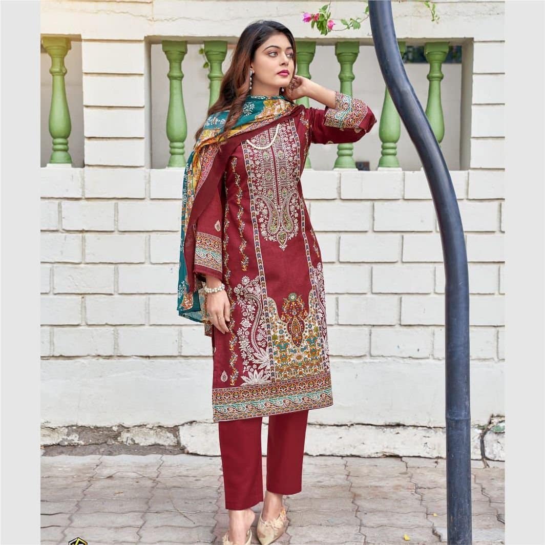 Deep Reddish-Brown Ethnic Cotton Dress Fabric | Digital Print & Hand Embroidery | Unstitched Salwar Suit Material | Fabiha Fashion