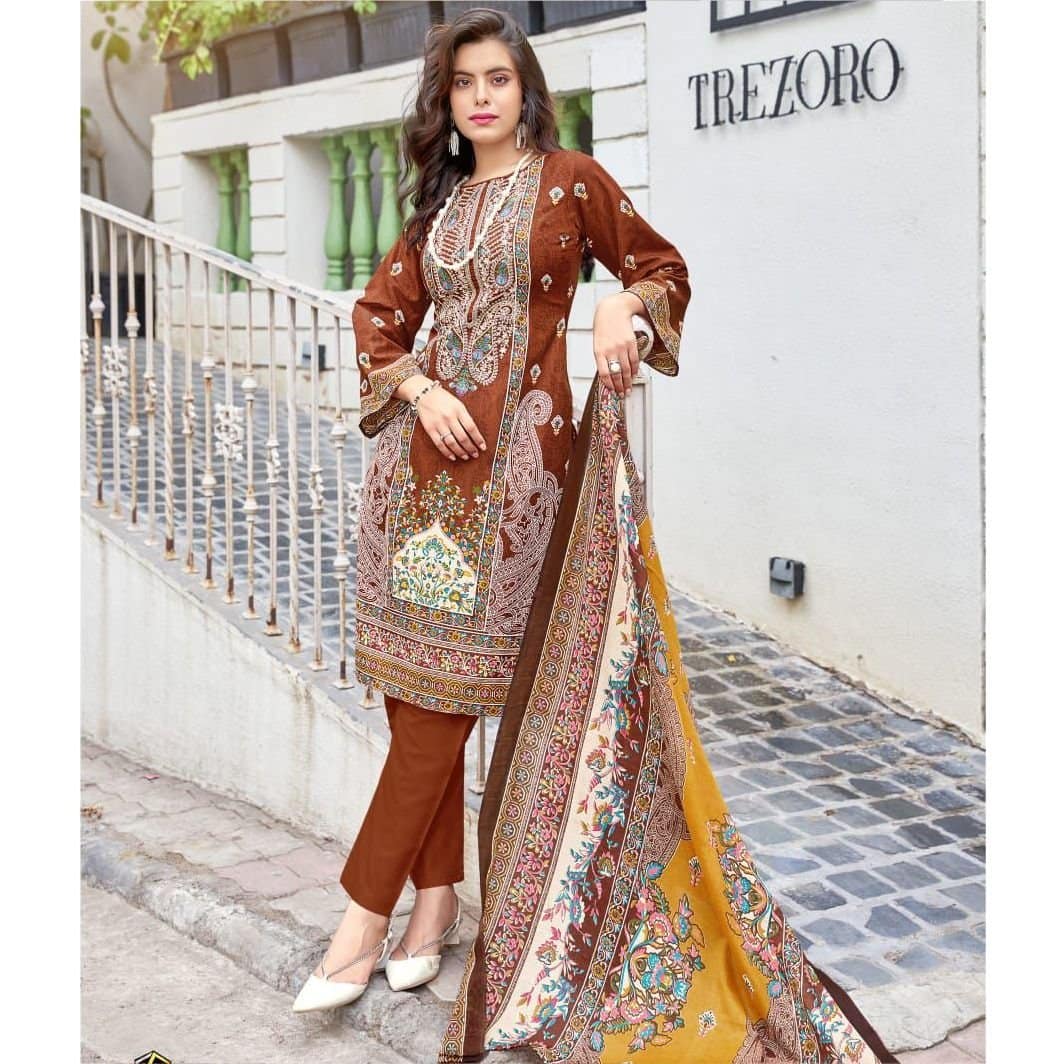 Warm Reddish Brown Cotton Dress Fabric | Digital Print & Hand Embroidery | Ethnic Unstitched Suit Material | Fabiha Fashion