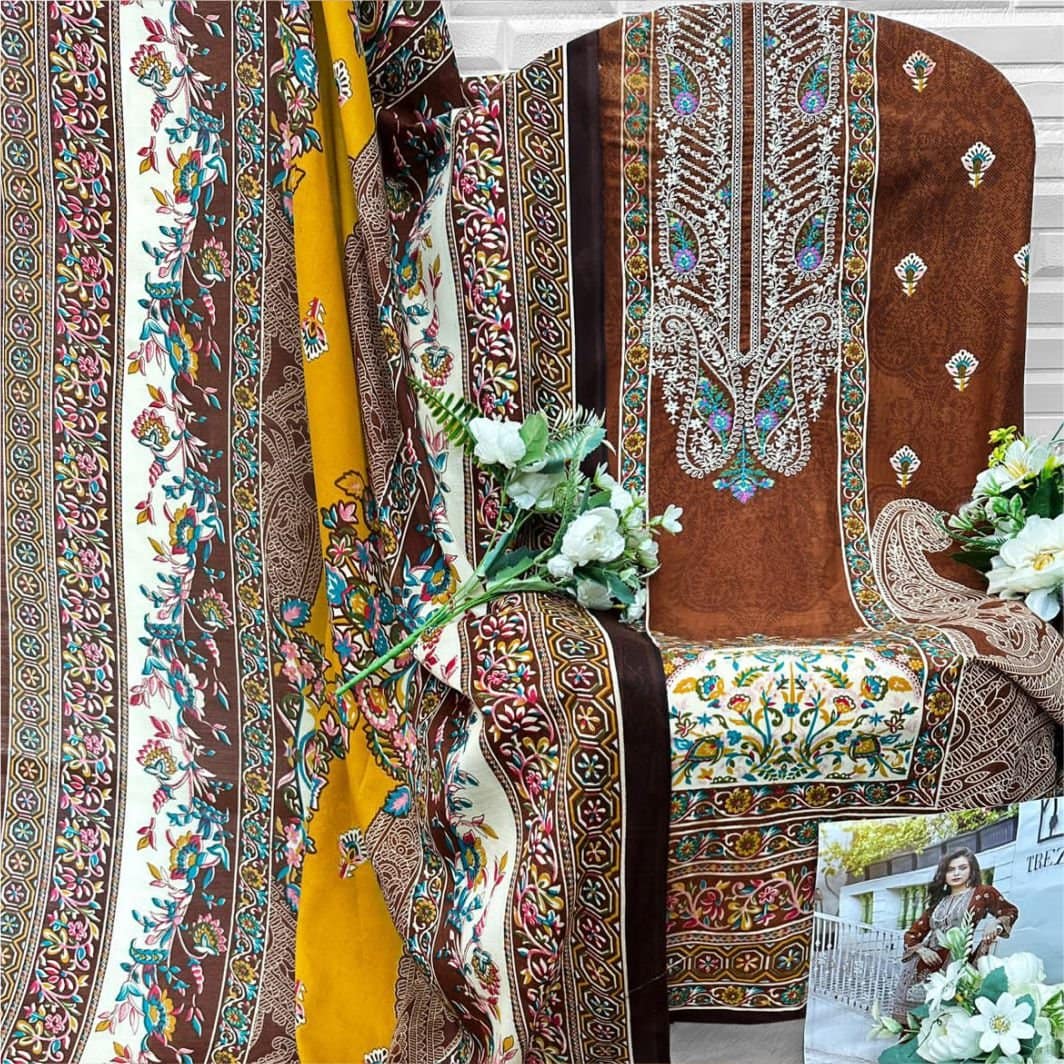 Warm Reddish Brown Cotton Dress Fabric | Digital Print & Hand Embroidery | Ethnic Unstitched Suit Material | Fabiha Fashion - Image 4