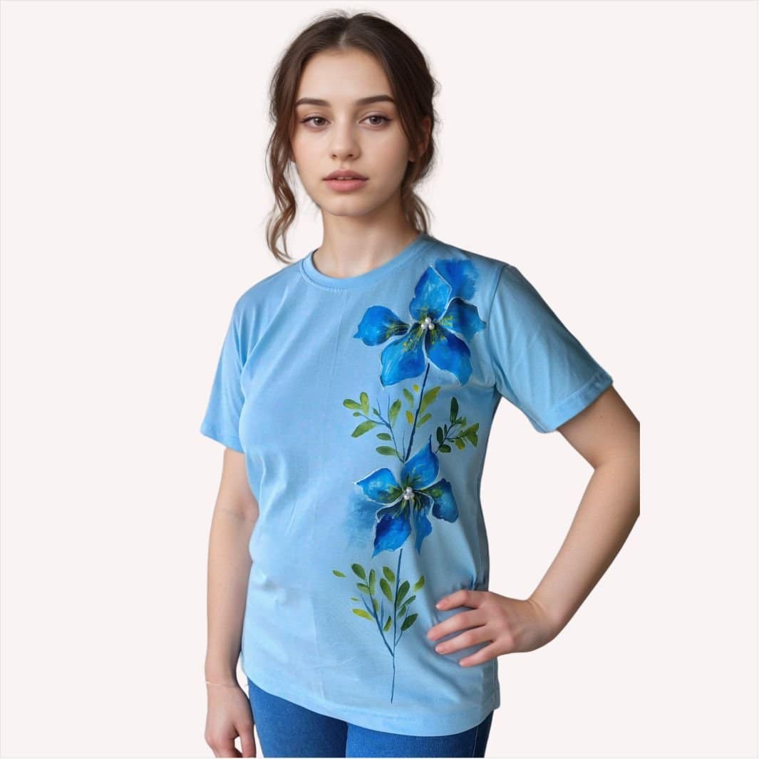 Brooke Hand-Painted Light Blue Cotton T-Shirt | Women's Artistic Casual Top | Pure Cotton Comfort