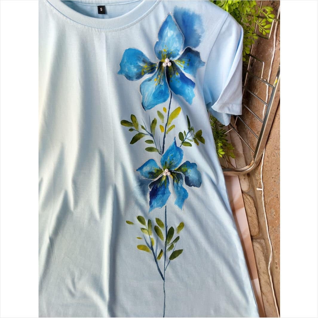 Brooke Hand-Painted Light Blue Cotton T-Shirt | Women's Artistic Casual Top | Pure Cotton Comfort - Image 5