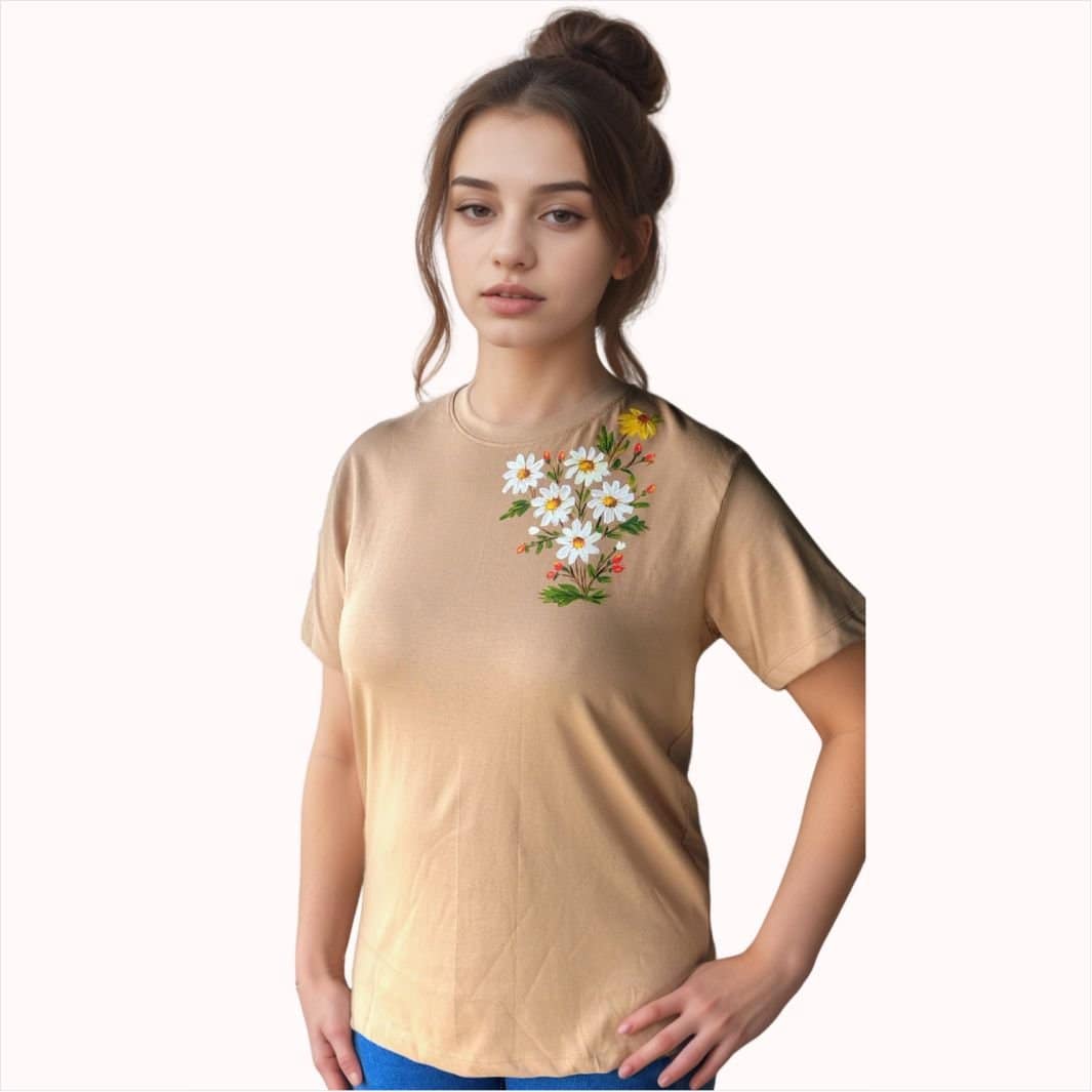 Blooms Hand-Painted Tan Cotton T-Shirt | Women's Artistic Casual Top | Breathable Pure Cotton