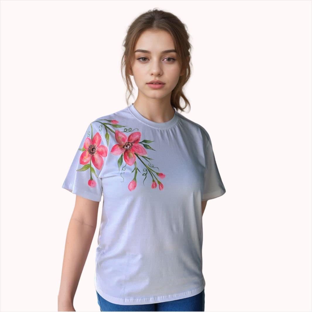 Willow Hand-Painted White Cotton T-Shirt | Women's Artistic Casual Top | Pure Cotton | Unique Design