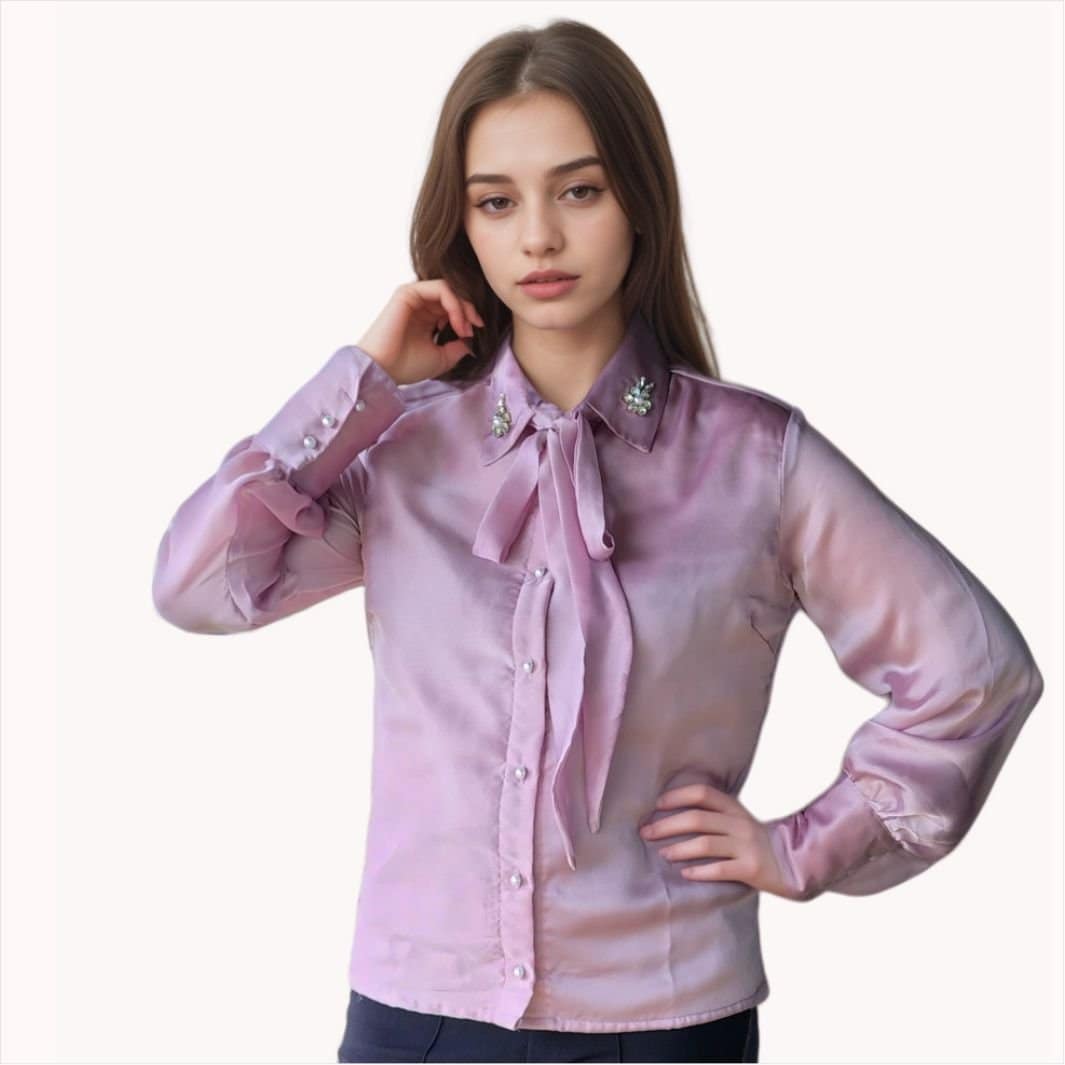 Ora Embellished Lilac Satin Top | Women's Elegant Blouse | Cotton-Lined Comfort | Party & Casual Wear