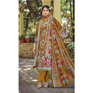 Mustard Brown Cotton Salwar Suit | Heavy Embroidery & Diamond Work Unstitched Dress Material | Fabiha Fashion | Women's Ethnic Wear
