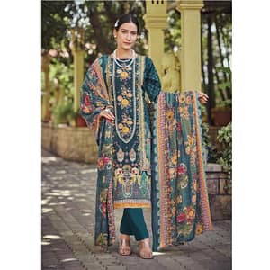 Deep Green-Blue Cotton Salwar Suit | Heavy Embroidery & Diamond Work | Unstitched Dress Material | Fabiha Fashion