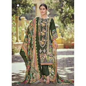 Deep Forest Green Cotton Salwar Suit | Heavy Embroidery & Diamond Work Unstitched Dress Material | Fabiha Fashion