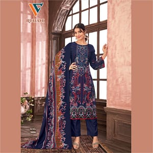 Navy Blue Hand Embroidered Cotton Salwar Suit Material | Unstitched Heavy Embroidery Dress Fabric | Women's Ethnic Wear | Fabiha Fashion