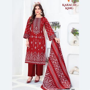 Deep Red Pakistani Print Cotton Salwar Suit Material | Unstitched Embroidered Dress Fabric with Printed Dupatta | Women's Ethnic Wear | Fabiha Fashion