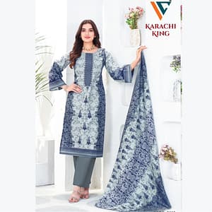 Light Grey Pakistani Print Cotton Salwar Suit Material | Unstitched Embroidered Dress Fabric with Printed Dupatta | Fabiha Fashion