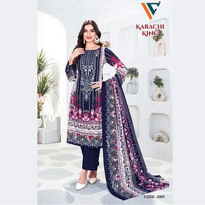 Dark Navy Blue Pakistani Print Cotton Salwar Suit Material | Unstitched Embroidered Dress Fabric with Printed Dupatta | Fabiha Fashion