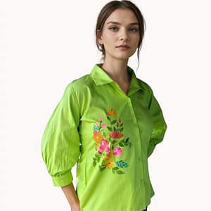 Gemma Lime Green Floral Hand-Painted Cotton Top | Pure Cotton | Versatile Elegance