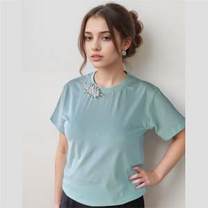 Amara Embellished Teal Cotton T-Shirt | Women’s Stylish Casual Top | Pure Comfort & Elegance | Pearl Collection