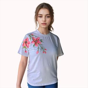 Willow Hand-Painted White Cotton T-Shirt | Women's Artistic Casual Top | Pure Cotton | Unique Design