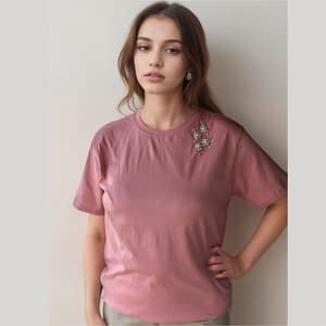 Sera Embellished Dusty Rose Cotton T-Shirt | Women's Stylish Casual Top | Breathable & Comfortable