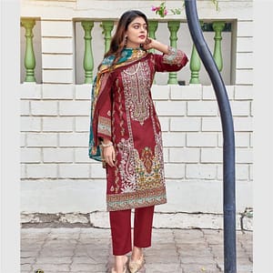 Deep Reddish-Brown Ethnic Cotton Dress Fabric | Digital Print & Hand Embroidery | Unstitched Salwar Suit Material | Fabiha Fashion