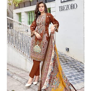 Warm Reddish Brown Cotton Dress Fabric | Digital Print & Hand Embroidery | Ethnic Unstitched Suit Material | Fabiha Fashion