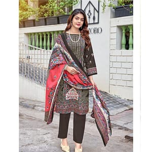 Dark Brown Ethnic Cotton Dress Fabric | Digital Print & Hand Embroidery | Unstitched Salwar Suit Material | Fabiha Fashion