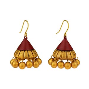 Traditional Maroon & Gold Hand-Painted Terracotta Jhumkas | Lightweight Bell Drop Earrings | Mittify Jewel Art | Handcrafted Ethnic Jewelry