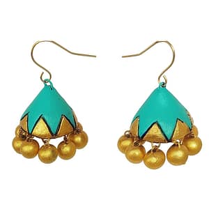Ocean Teal & Gold Clay Jhumka Earrings | Handcrafted Ethnic Jewelry | Lightweight Artisan Earrings | Mittify Jewel Art