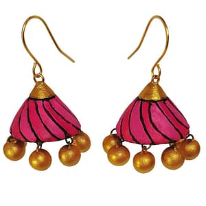 Pink Terracotta Jhumki Earrings | Handmade Gold Bead Ethnic Jewelry | Mittify Jewel Art